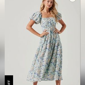 Astr Mint Floral Puff-Sleeve Midi Dress